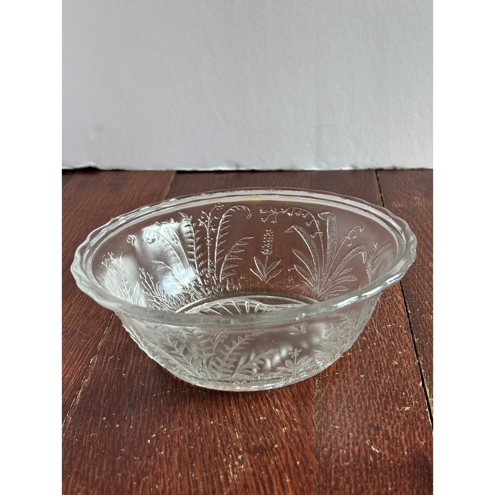 Vintage Clear Pressed Glass Floral Fern Bowl Scalloped‎ Edge Botanical 6 Inch